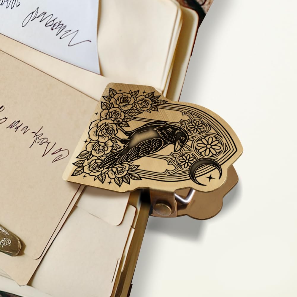 ANATTASOUL Gothic Crow Brass Travel Journal Clip for Notebook,Bookmark