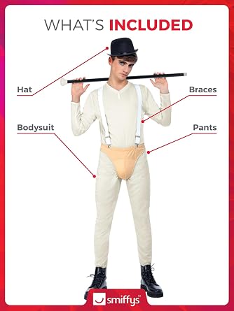 Smiffys Cult Classic Costume, White Bodysuit, Pants, Braces & Hat, Halloween Adult Fancy Dress, 1960s Dress Up Costumes
