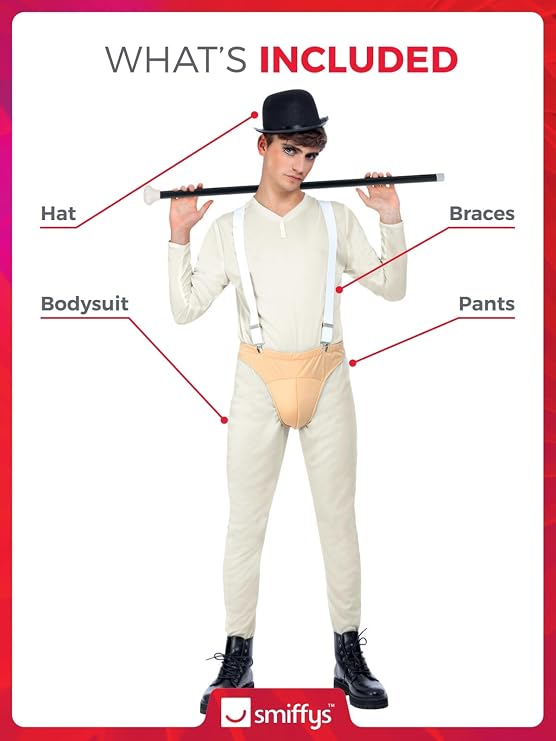 Smiffys Cult Classic Costume, White Bodysuit, Pants, Braces & Hat, Halloween Adult Fancy Dress, 1960s Dress Up Costumes