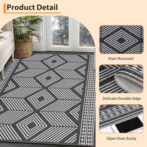 GlowSol Washable Indoor/Outdoor Rug 8x10 Modern Black Washable Rugs for Farmhouse, Geometric Soft Carpet Non-Slip Stain Resistant Rugs for Living Room Dining Room,8x10