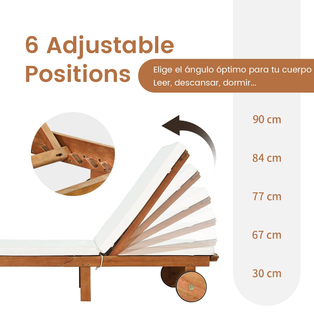 RELAX4LIFE Tumbona Plegable de Madera Eucalipto con 2 Ruedas y Respaldo Ajustable en 6 Alturas, Tumbona Jardín con Cojín Extraíble para Balcón y Terraza, Carga 160kg, 195x68x30-90cm, Beige (2 Piezas)