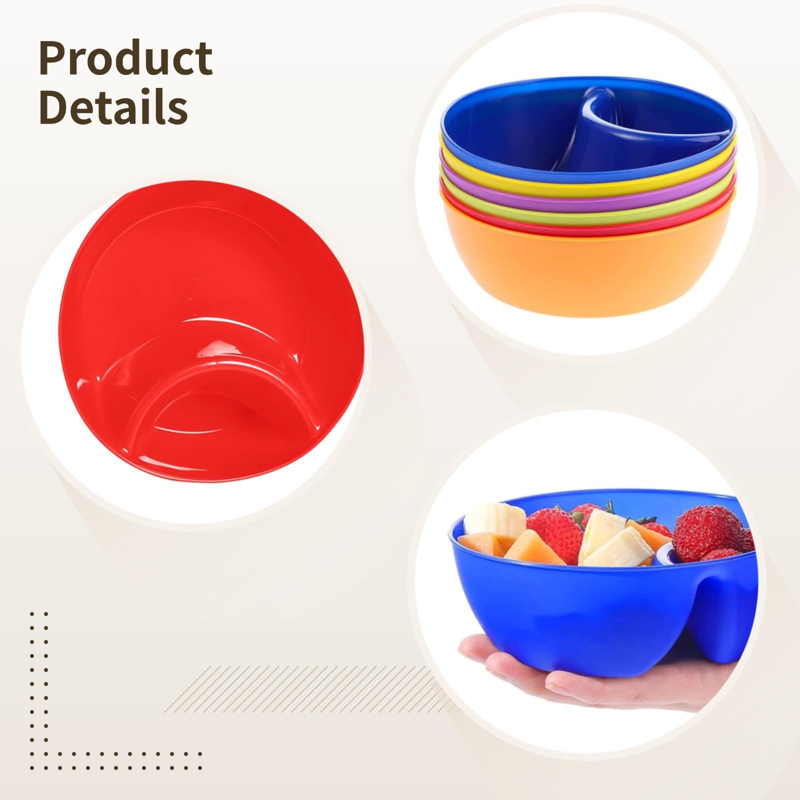 6-Pack Colorful Plastic Snack Bowls with Dividers, Microwave & Dishwasher Safe, Perfect for Chips, Sauces, and More