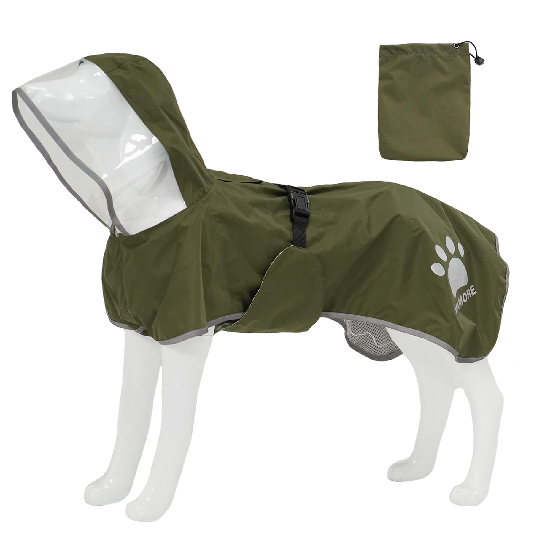 MAMORE Dog Raincoat Waterproof Adjustable Reflective Lightweight Breathable Hooded Jacket for Small Medium Large Dogs with Leash Hole (Army Green, L) โ image 1