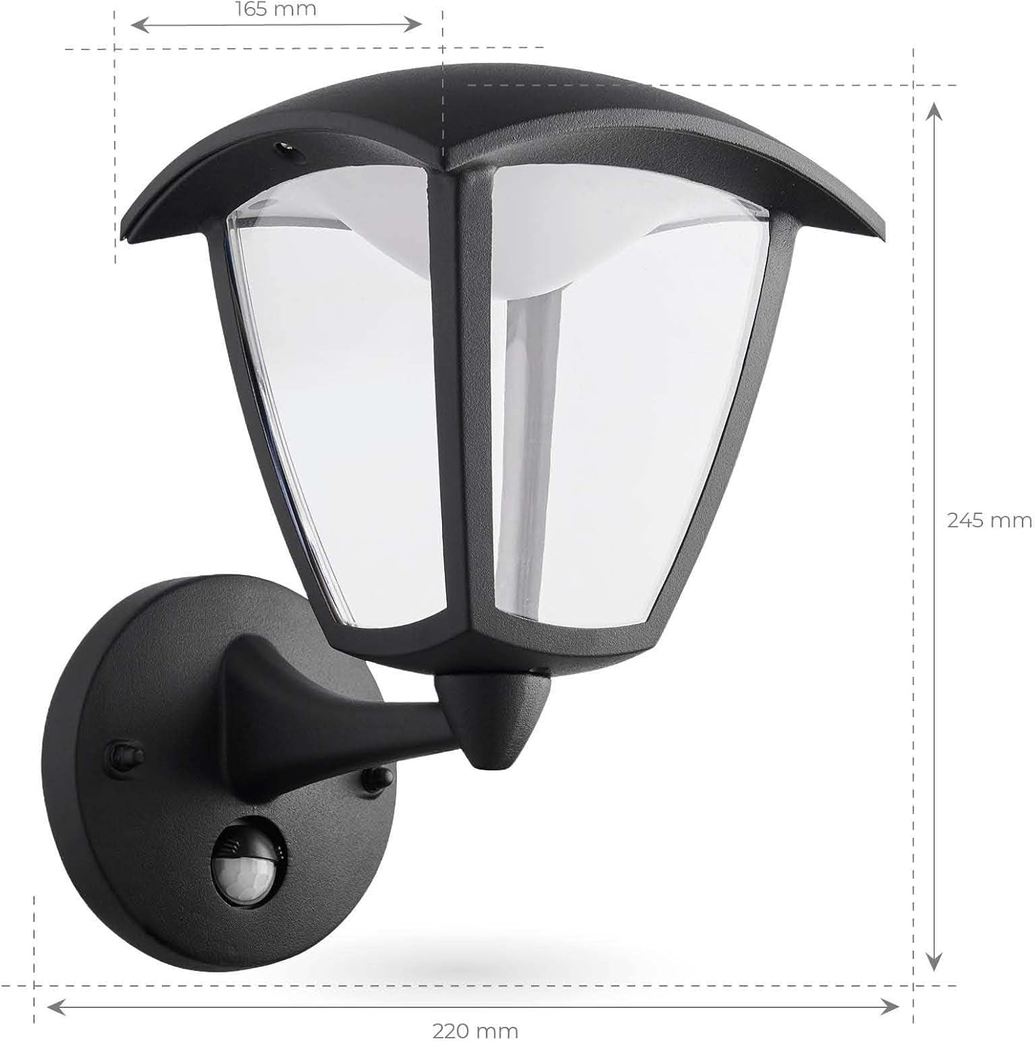Diagram showing the dimensions of the Ledvion wall lamp: 245mm height, 220mm width, 165mm depth.