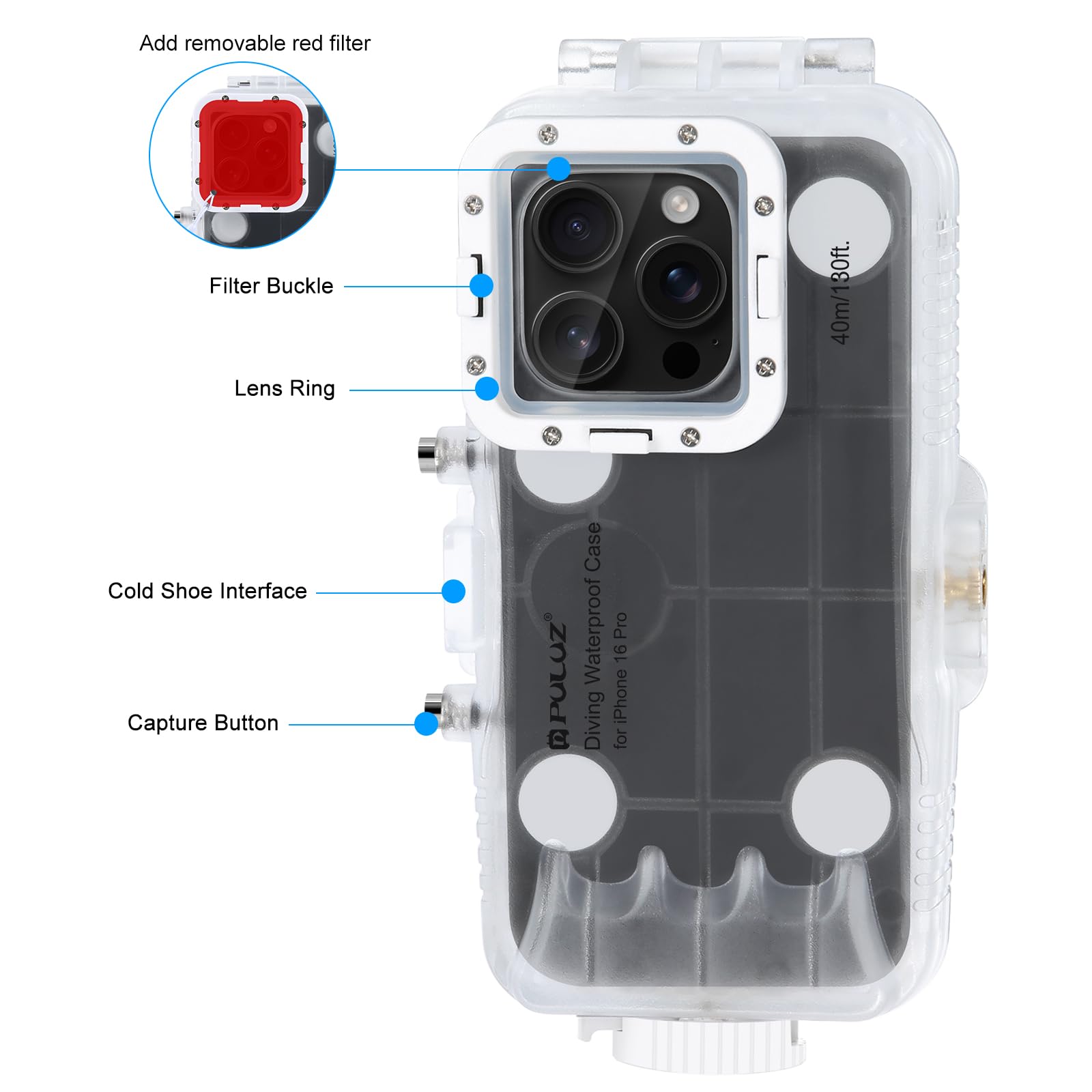 PULUZ Funda Impermeable de 40 m para iPhone 16 Pro, Cubierta Profesional de Buceo Submarino para fotografía y Video 16 Pro(no para is26)