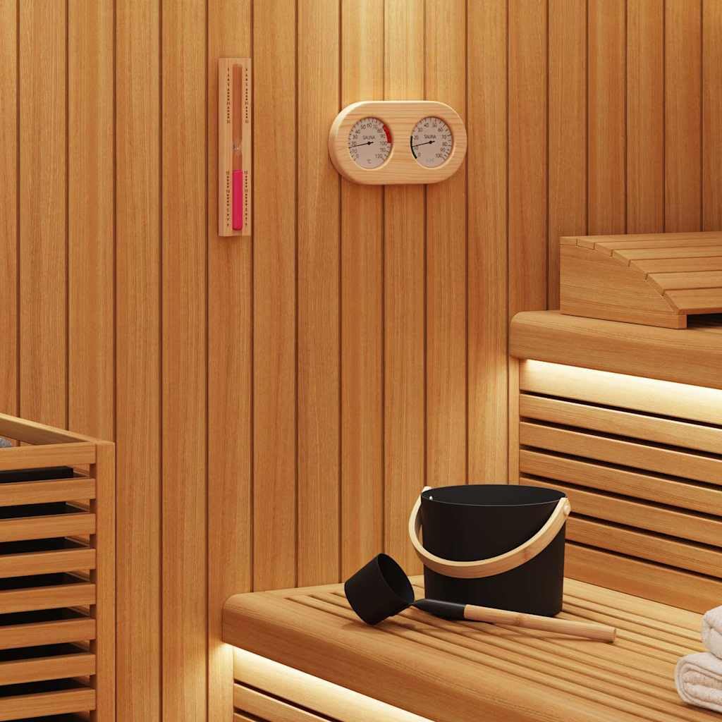 Set di accessori per sauna, 4 pezzi, nero, alluminio e legno di pino, con secchio per infusione, cazzuola, clessidra termometro, igrometro per interni, relax e benessere