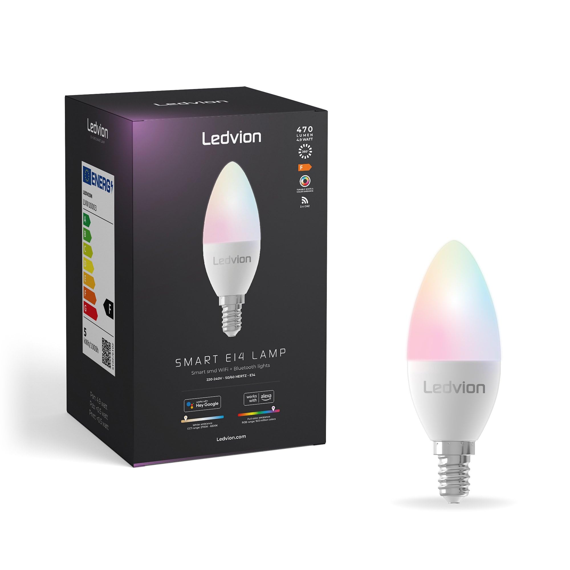 Ledvion 10x Smart RGB+CCT E14 LED lampe 5W Wi-Fi Beleuchtung Dimmbar 470Lm | Steuere Licht per App oder Sprache und nutze Szenen oder Zeitpläne für den Alltag zuhause