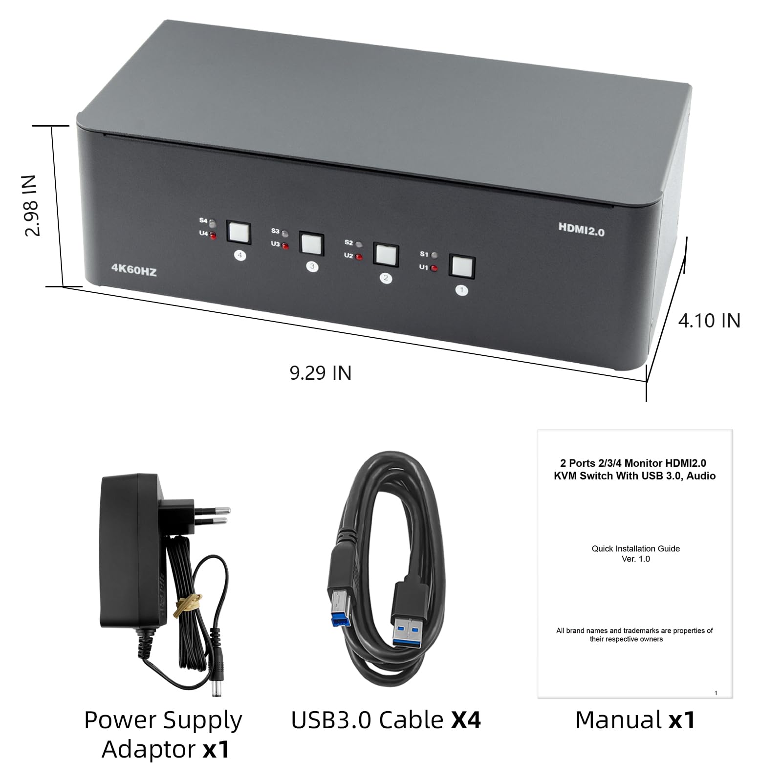Przełącznik KVM 3 monitory, 4 komputery, przełącznik KVM HDMI 4K 60 Hz z 4 portami USB 3.0 i dźwiękiem 3,5 mm, 4 komputery dzielą jeden zestaw Leyboard, mysz i monitory, obsługuje Windows/Mac/Linux