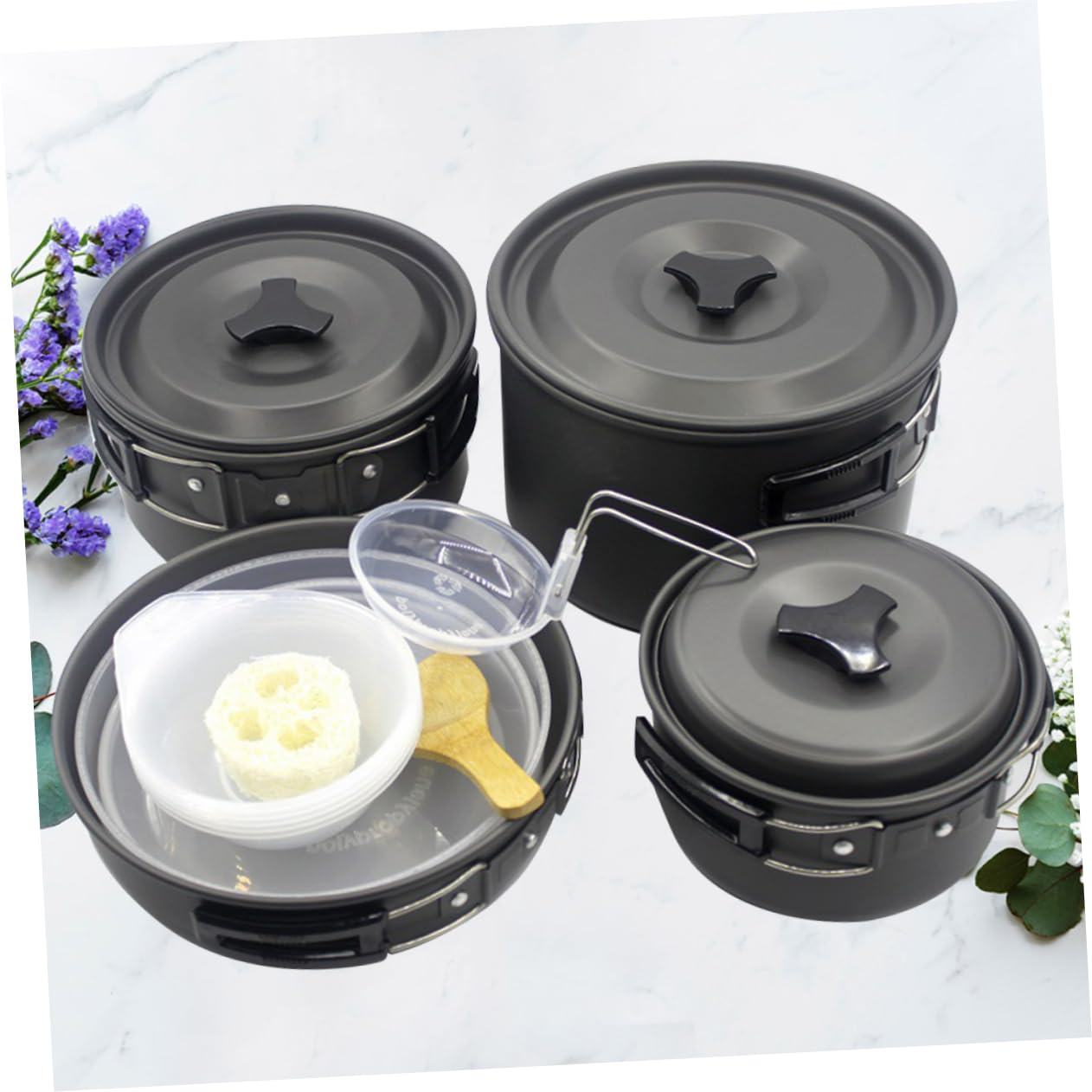 ARTSEWPLY 1set Portable Picnic Cookware for People Lightweight Camping Cooking Pans Convenient Outdoor Cooking Tools Easy to Carry for Hiking Fishing and Picnics Black