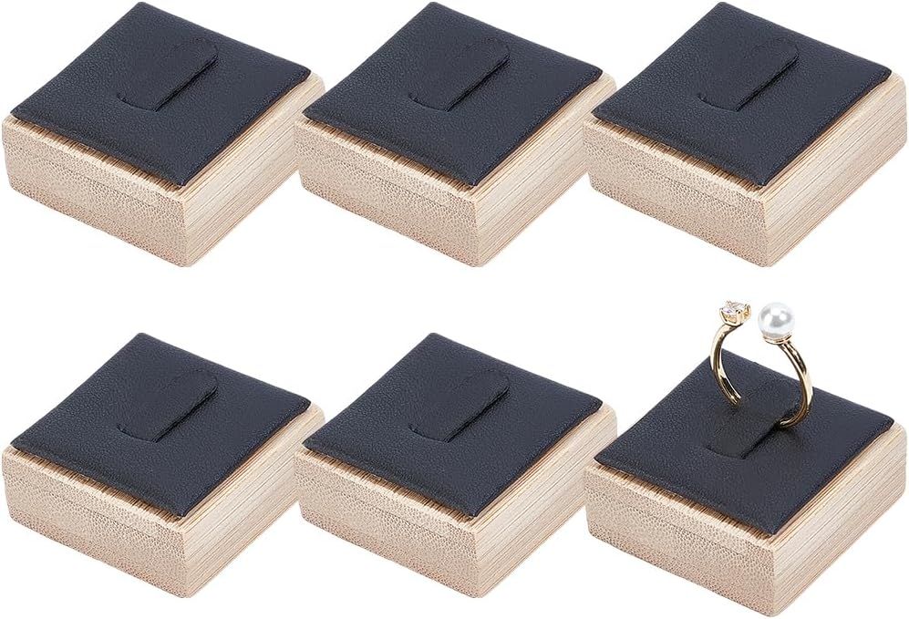 Beebeecraft 6Pcs Single Wood Ring Display Stand 4x3.95x2.1cm Black Square Bamboo Ring Holder Organizer with Imitation Leather Mat for Rings Trade Show Countertop Bearer