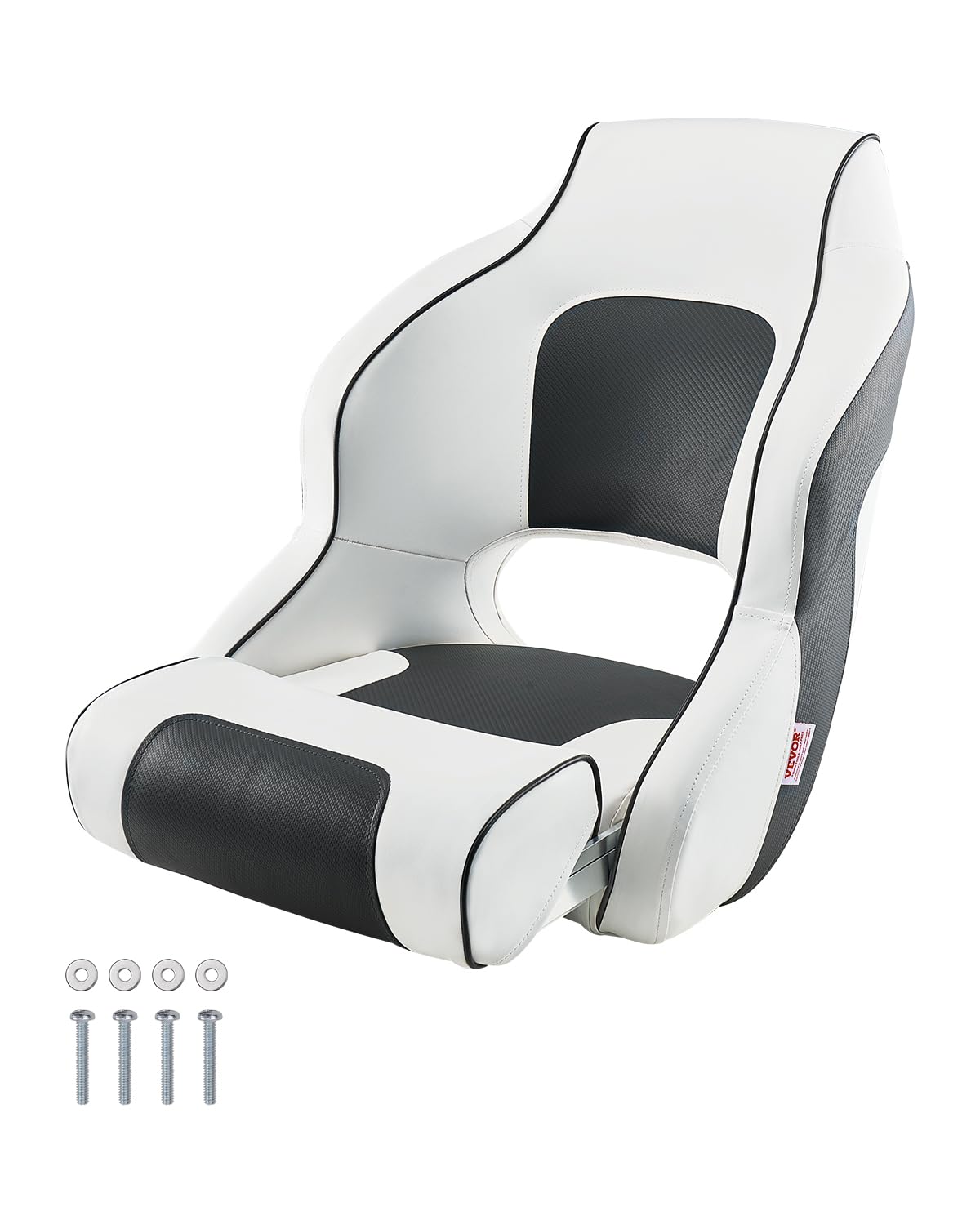 VEVOR Asiento de Barco con Respaldo Alto y Abatible Tipo Butaca de capitán con Cojín de Esponja Gruesa y Cuero de PVC Impermeable Diseño Ergonómico Asiento Plegable para Barcos, Yates, Blanco y Gris