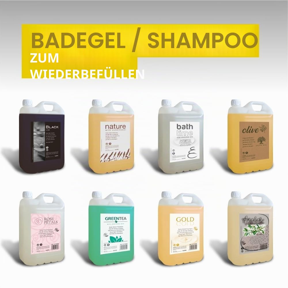GPQ - Duschgel/Shampoo 2in1 GOLD 5 ltr. | 2 Kanister | 94% Natural Origin | Spender-Refill mit Conditioner ohne Parabene | Hotel, B&B, Landhaus, Camping, Kreuzfahrt, Fitnessstudio... | Made in EU