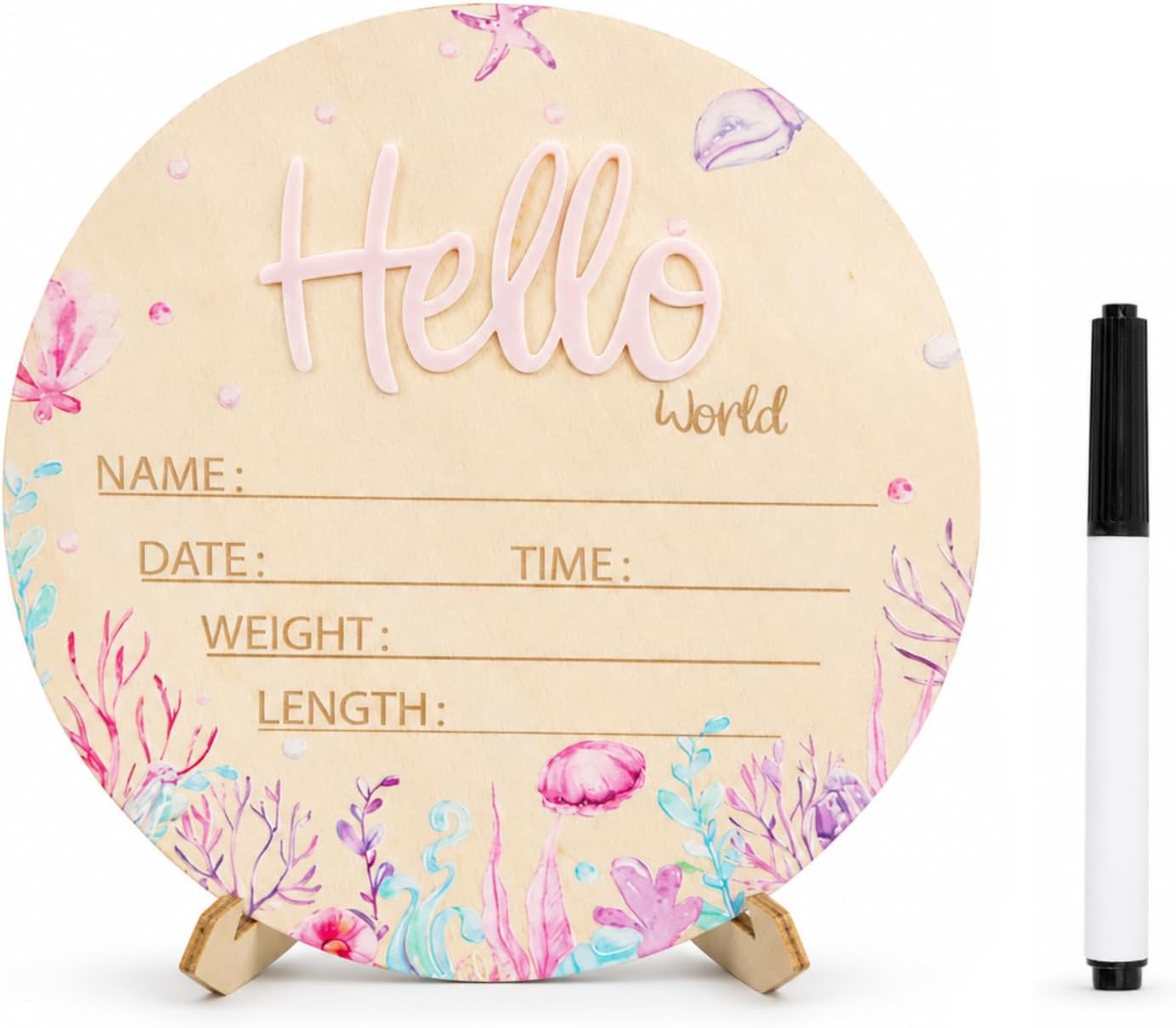 Baby Announcement Sign, Ocean Hello World Newborn Sign with Marker | 5.9 in wooden ocean-theme plaque for hospital photos, nursery shelves, baby showers, and memory boxes (Pink)
