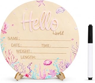 Baby Announcement Sign, Ocean Hello World Newborn Sign with Marker | 5.9 in wooden ocean-theme plaque for hospital photos, nursery shelves, baby showers, and memory boxes (Pink)
