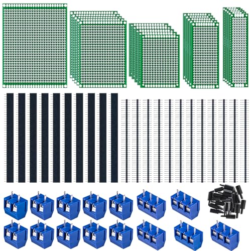 78Stk Lochrasterplatte Kit,21er Doppelseitig PCB Board Leiterplatte Lochrasterplatine Lochplatine,22Stk Männlich Weiblich 40 Pinne Kopfleiste,15Stk 2P&3P Screw Terminal mit 20 Tabletten Nylonsäule