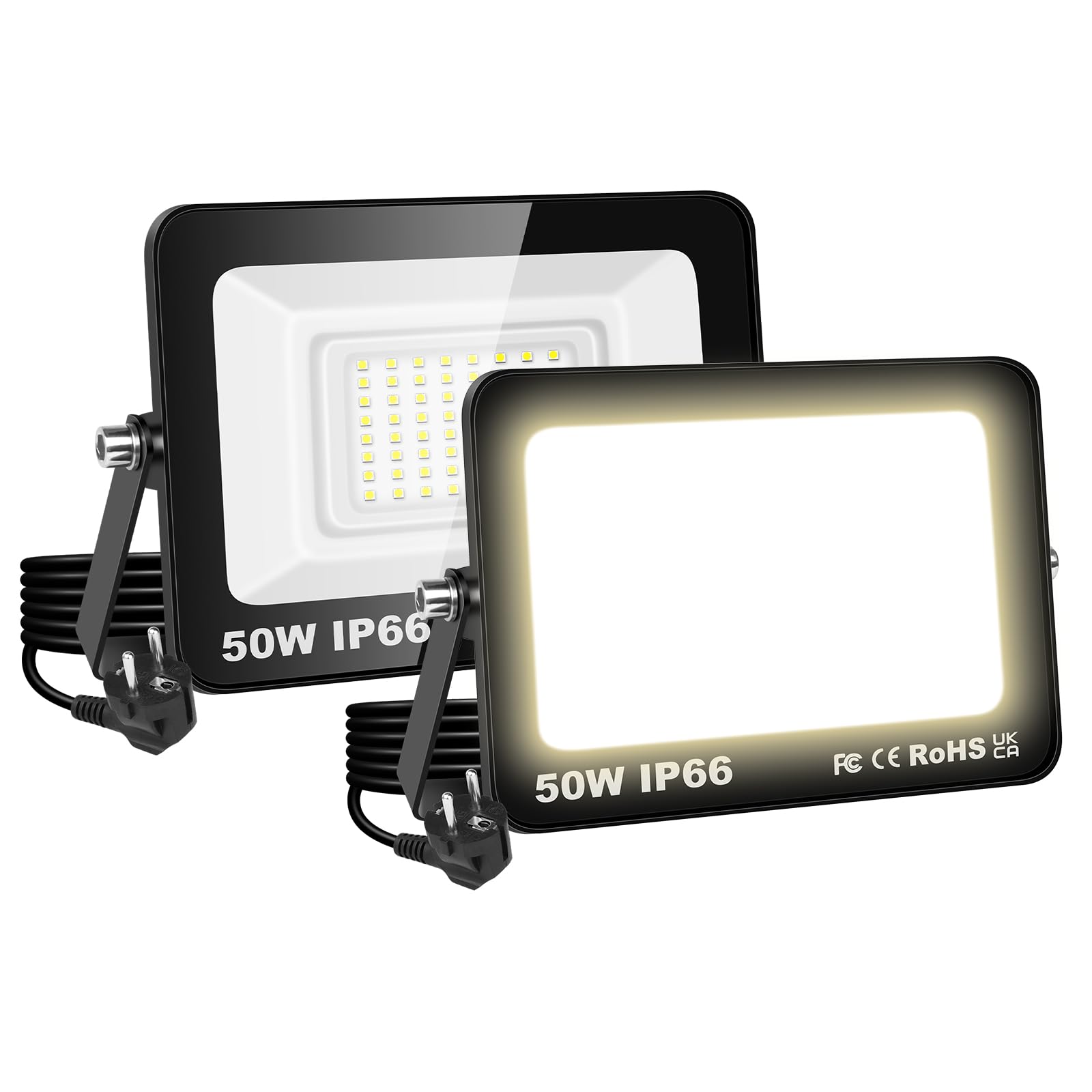 RIGIDON 2x 50W Projecteur Exterieur, 5000LM Spot Led Extérieur avec Prise