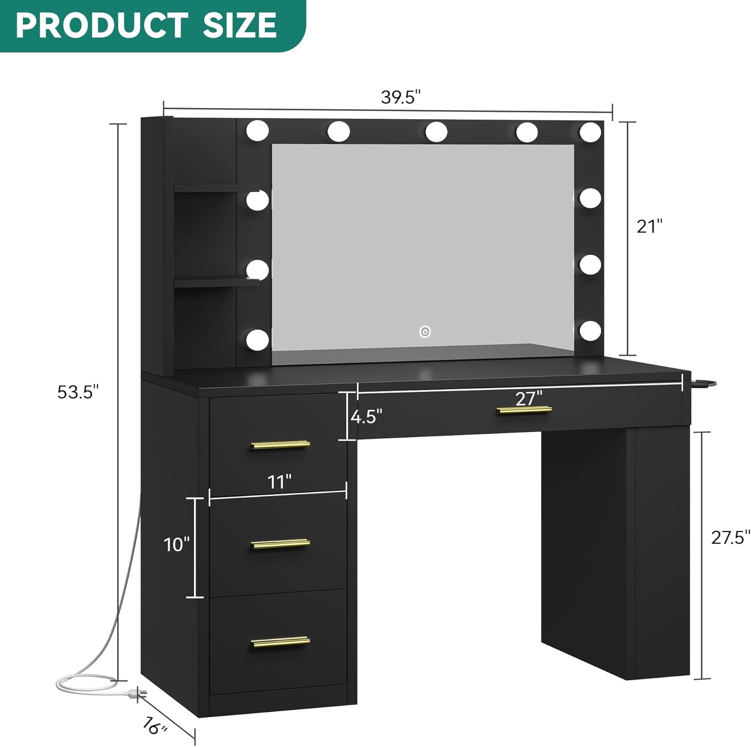 YITAHOME Vanity Desk with Mirror & Lights, Makeup Vanity Table Set with Power Outlet, 4 Drawers, 6 Open Shelves Above and 3 Adjustable Shelves Below, 3 Lighting Modes Dressing Table Black