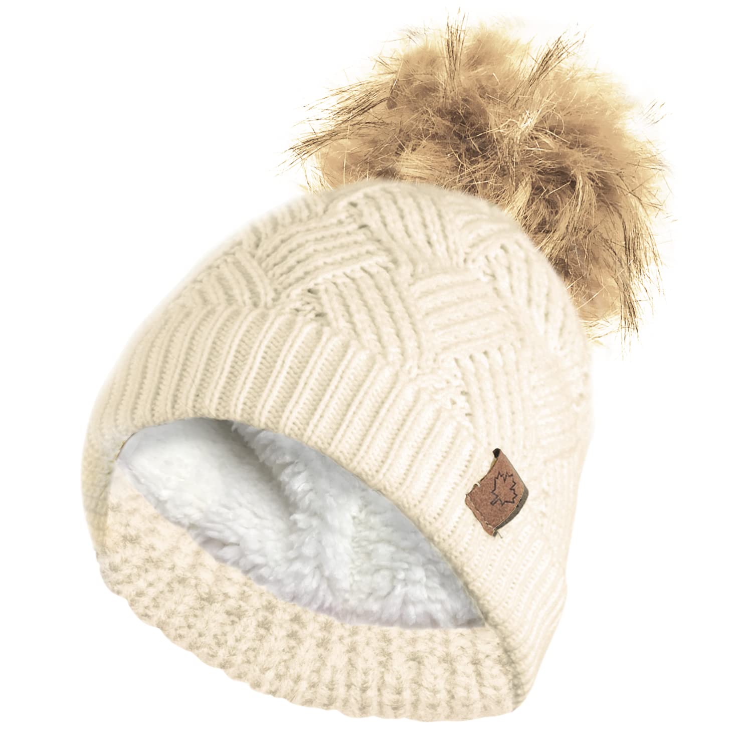 Rockjock Women's Natural Warm Chunky Diamond Cable Knit Hat With Thermal Teddy Fleece Lining And Detachable Faux Fur Pompom