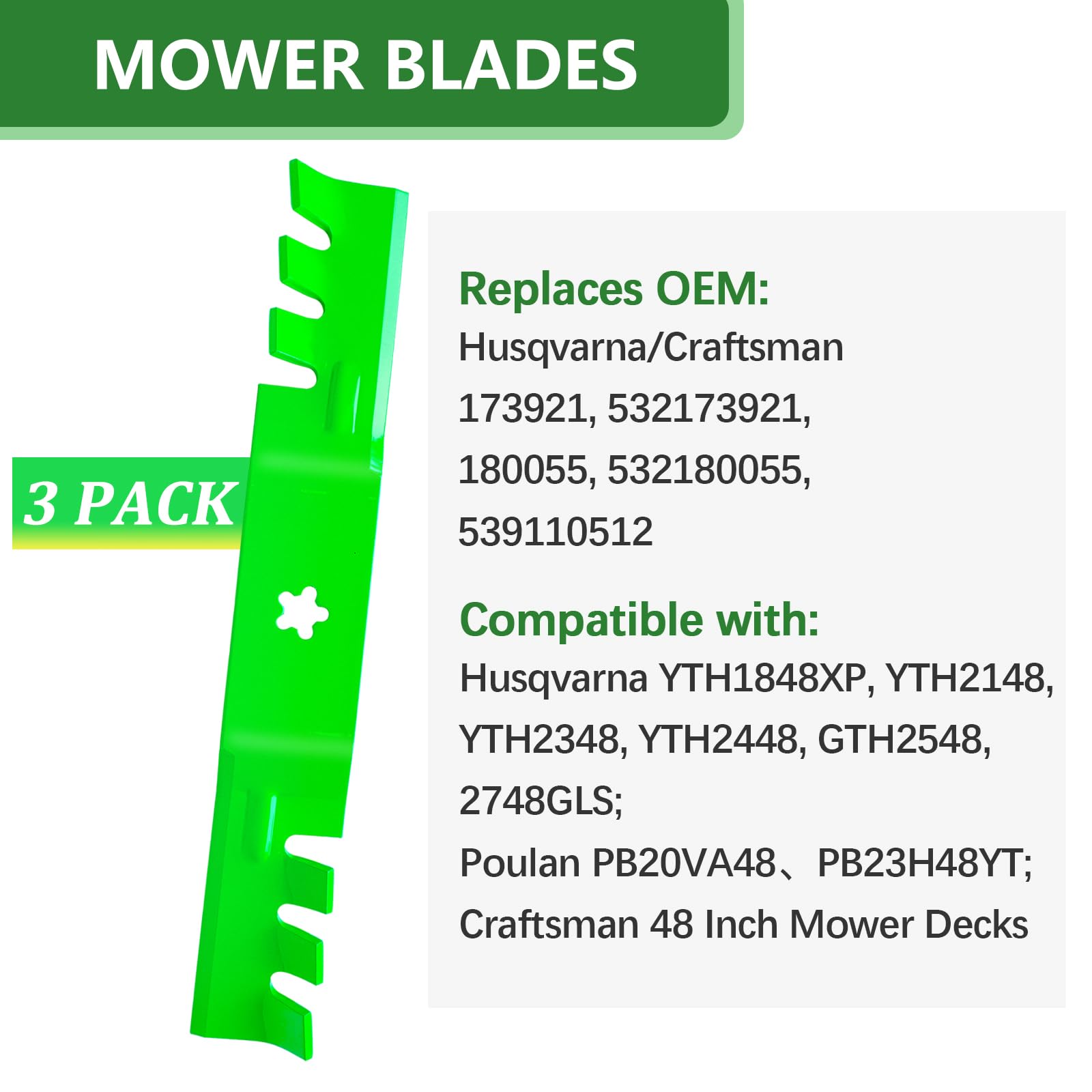 Paquete de 3 cuchillas de repuesto 173921 53217392 compatibles con Hus qvarna 748GLS YTH 2148 YTH 2448 para cortacésped de cubierta de 48 pulgadas