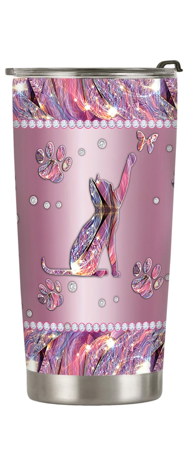 20oz Printed Pink Jewelry Cat Coffee Tumbler, Cat Gifts for Cat Lovers, Coffee Thermos for Women, Pink Cat Tumbler Cup, Stainless Steel Double Wall Vacuum Insulated Travel Coffee Mug with Lid