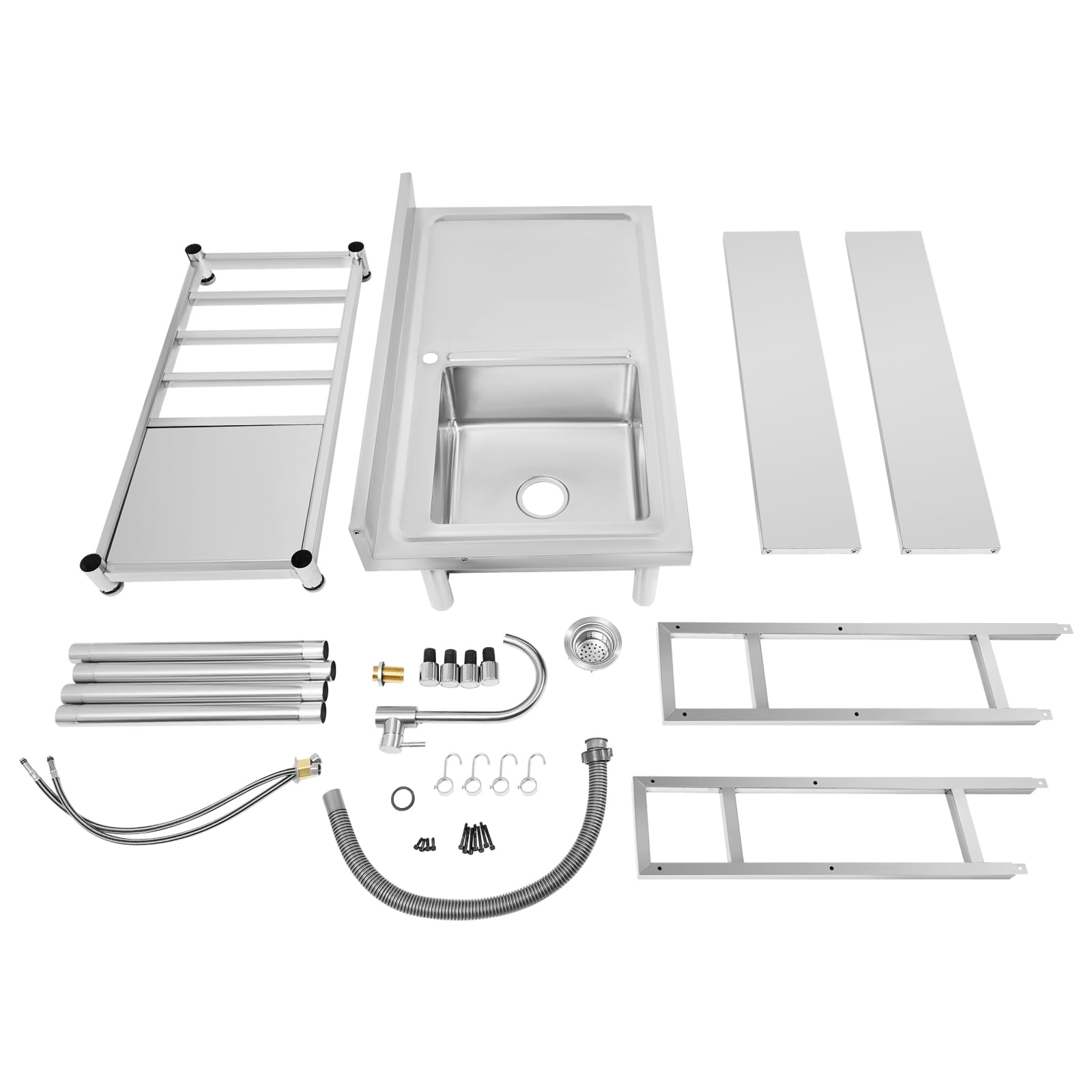 Évier de cuisine sur pied en acier inoxydable avec robinet et 4 crochets, 1 bac, pour cuisine, jardin, extérieur, atelier, buanderie (gauche)