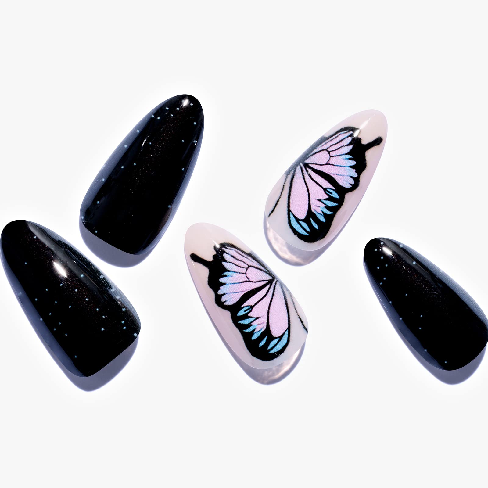 GLAMERMAIDBlack Press on Nails Medium Almond, Y2K Pink Butterfly Nude Fake Nails Gel Stiletto, Glitter Gloss Short Oval Glue Stick on Nails, Shrimmer Acrylic Reusable False Nail for Women Girl Gift