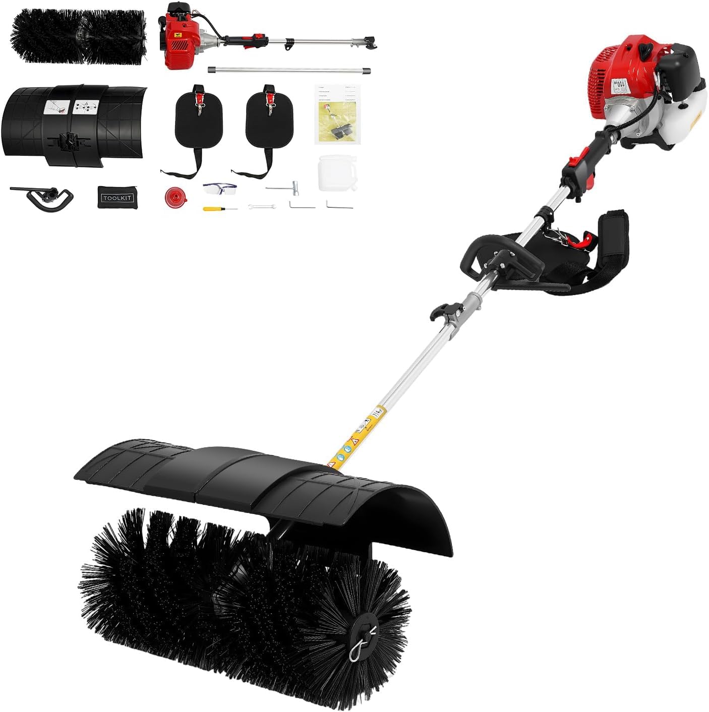 Balai Portatif, Moteur À Essence 2 Temps 52 Cm³ 2,3 CV 1,7 KW, Monocylindre Refroidi par Air, Balai De Nettoyage De Pelouse, Balai Portatif (Longueur du Manche : 153 Cm) Red, Black