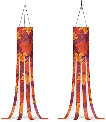 Suhoaziia Paquete de 2 banderas de manga de viento de arce rojo, decoración colgante para patio, jardín, camino, decoración de fiesta con colas