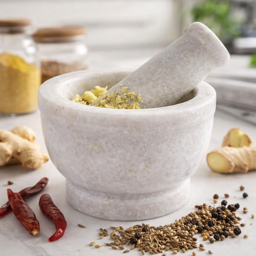 Marble Mortar and Pestle for Grinding Spices Herbs and Ginger in Kitchen Use0001