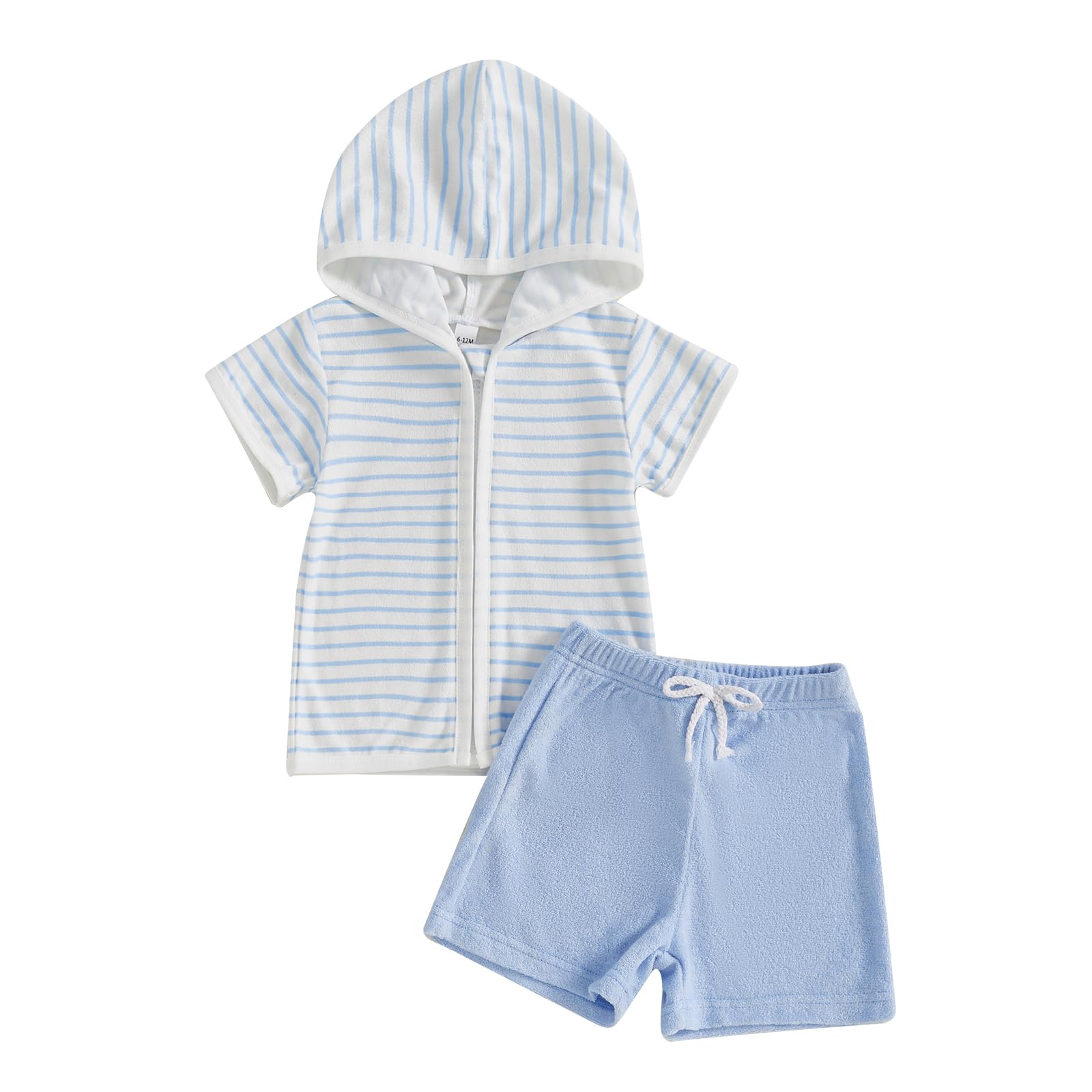 Girls Boys Terry Cloth Swim Cover Up Zip Up Hooded Coverup Tops and Shorts Set Kids Pool Beach Bathing Suit Cover-Up (Striped Blue, 4-5 Years)