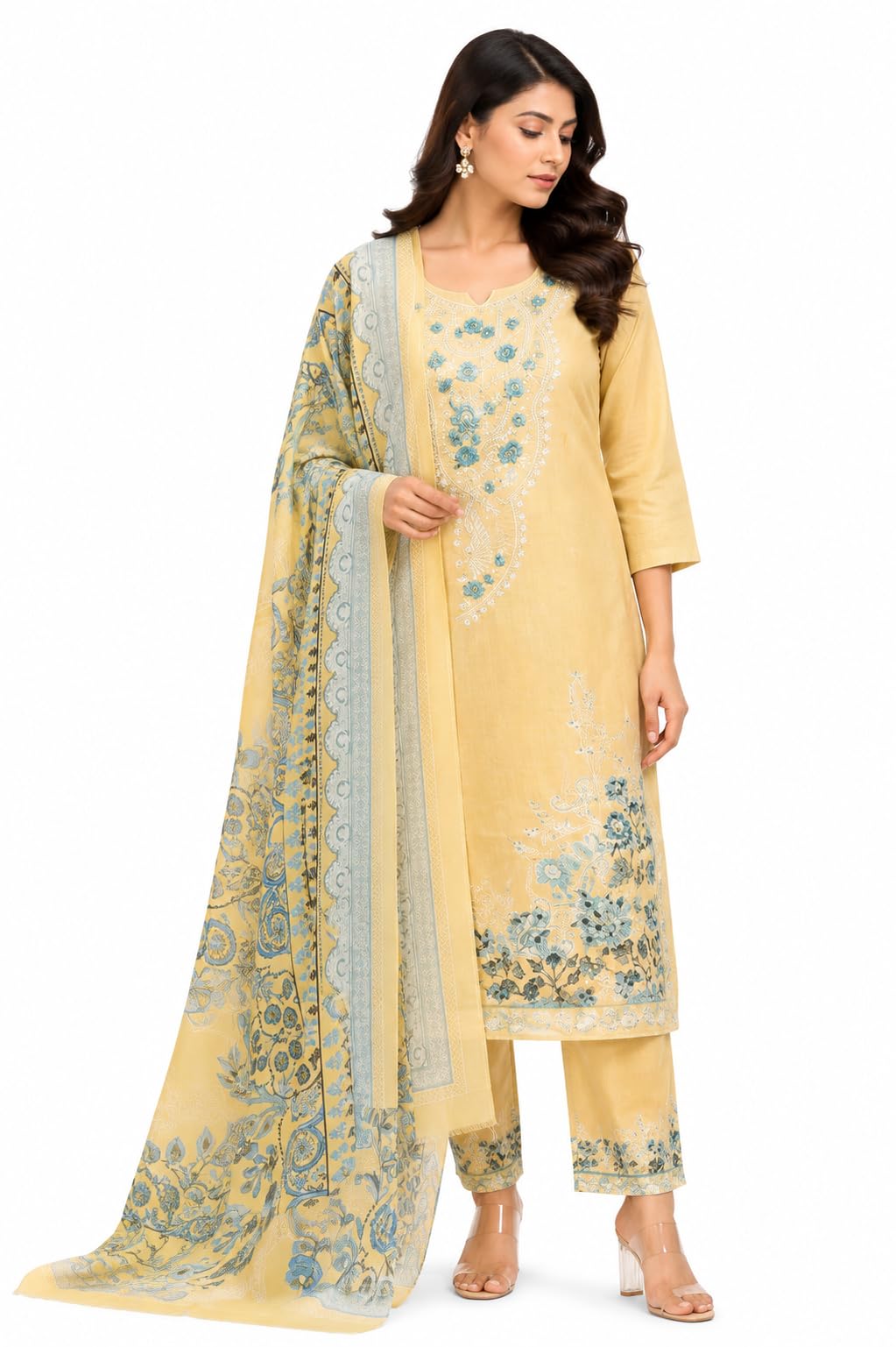 Mustard Yellow Unstitched Suit Set with Floral Embroidery-image-40