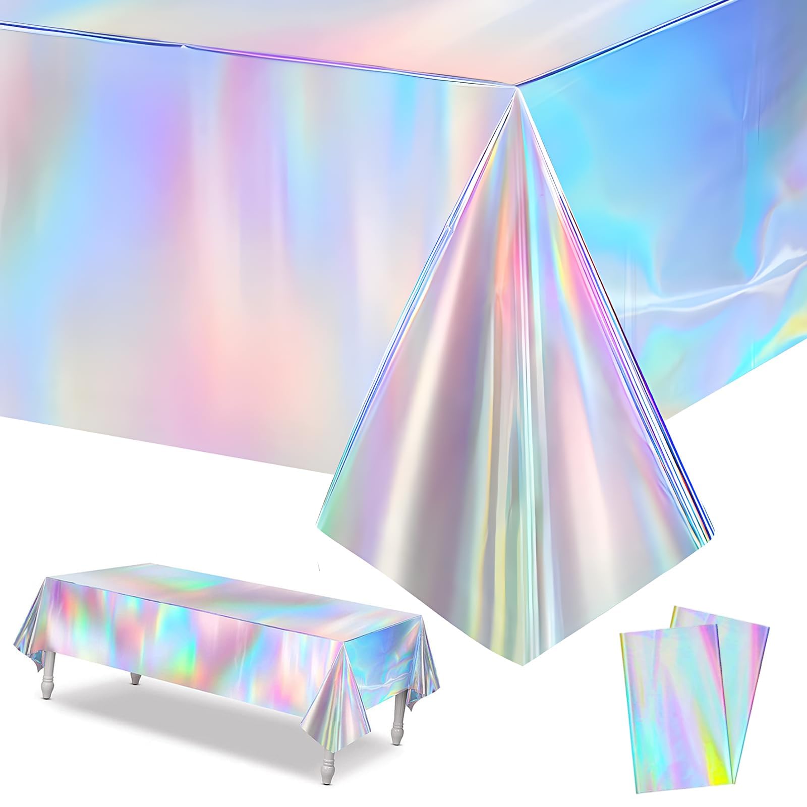 Huanyo Boys Rainbow 54 X 108 Inch Disposable Party Tablecloths, Iridescent Holographic Plastic Table Covers, Shiny Foil For Birthday Wedding Picnic Party Decorations (2)