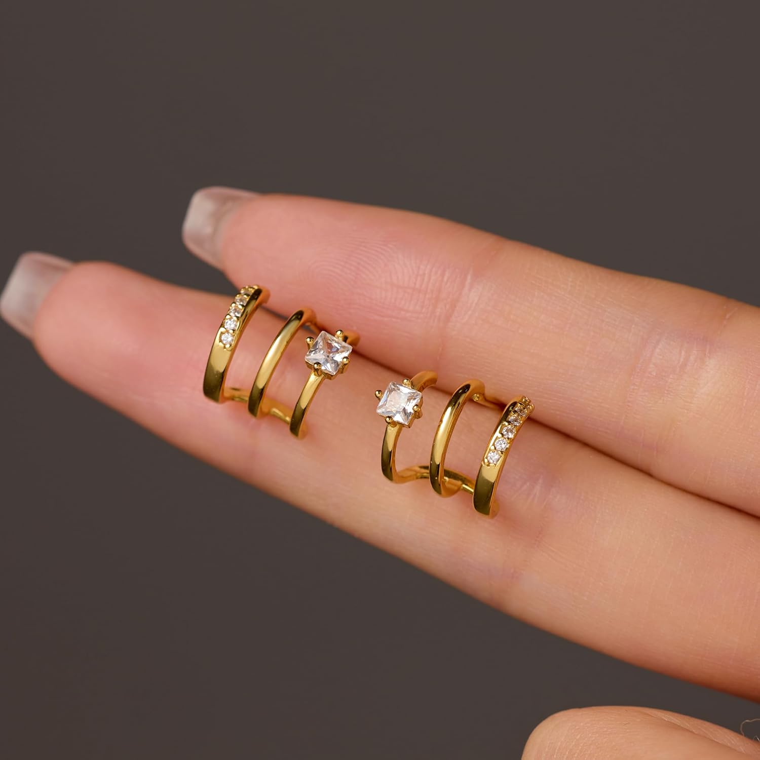 Triple Huggie Illusion Stud Earrings for Women 925 Sterling Sliver Dainty White CZ Open Hoop Earrings to Daughter 14k Gold Plated Claw Wrap Cuff Half Earring Christmas Birthday Wedding Jewelry Gifts - Image 2