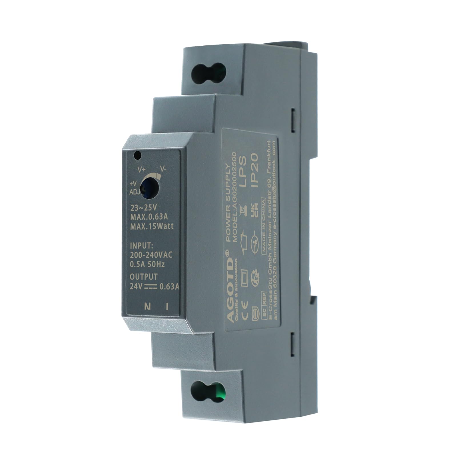 AGOTD Zasilacz sieciowy 15 W, 24 V, 0,63 A (wejście 200-240 V AC 50/60 Hz), zasilacz DIN Rail, transformator szynowy