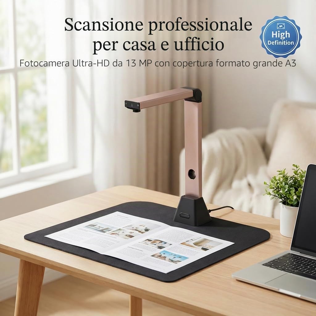 Scanner Documenti Portatile A3: 13MP Alta Definizione Scansione Multi-Formato con OCR 130 Lingue Appiattimento Curve USB Windows (Non Compatibile Mac) per Casa Ufficio Business Istruzione