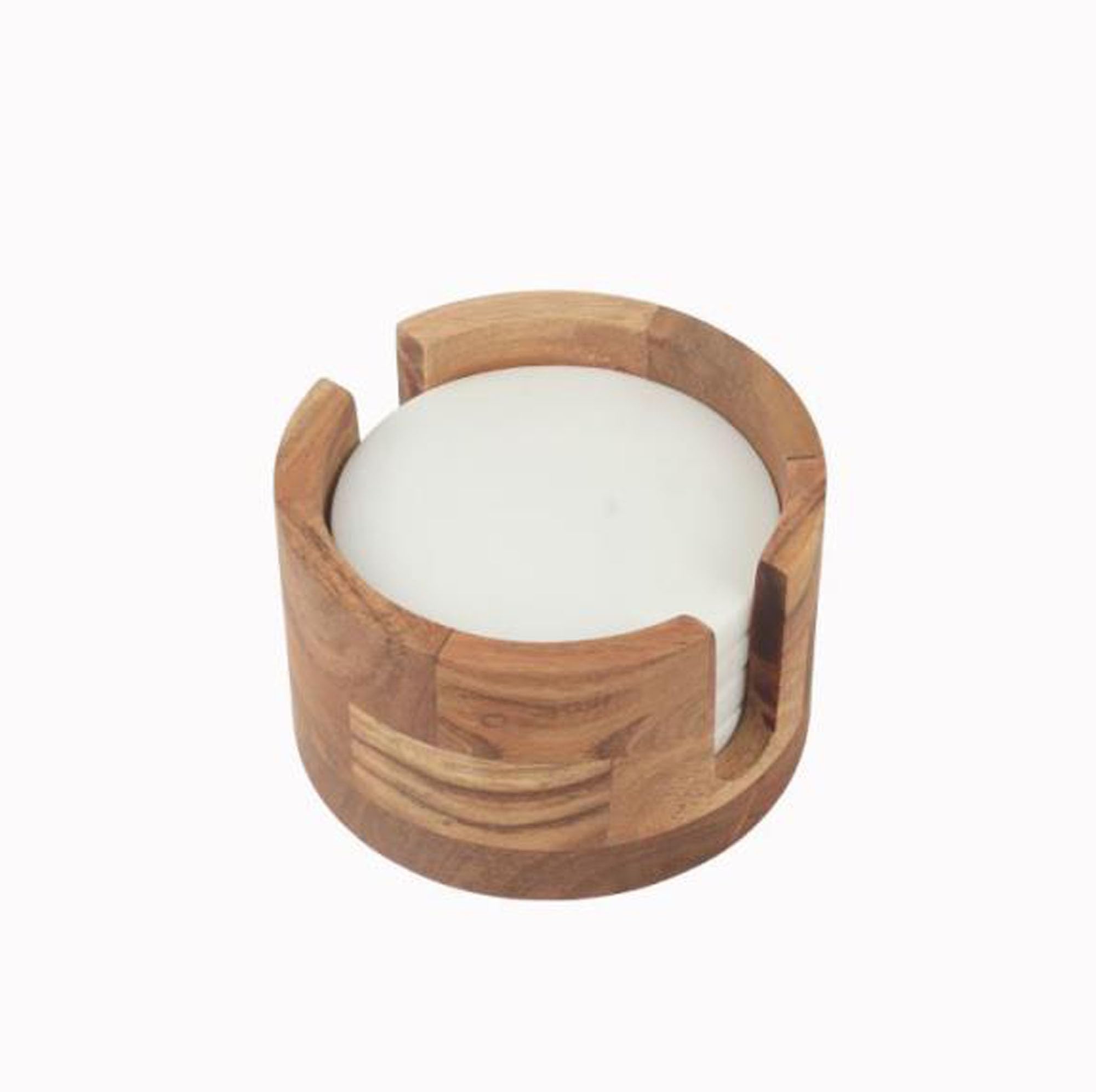 IHI EST. 1986 White Marble Coaster Set with Acacia Wood Holder, 4 Piece Round Drink Coasters, 4.75 Inch Stone Coasters with Matching Wooden Caddy for Coffee Tables, Dining Rooms & Entertaining