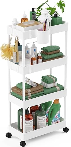 Miniatura 13 de LEHOM Carrito de almacenamiento delgado con ruedas – Organizador de baño de 4 niveles, carrito de utilidad, estantes de almacenamiento deslizantes,