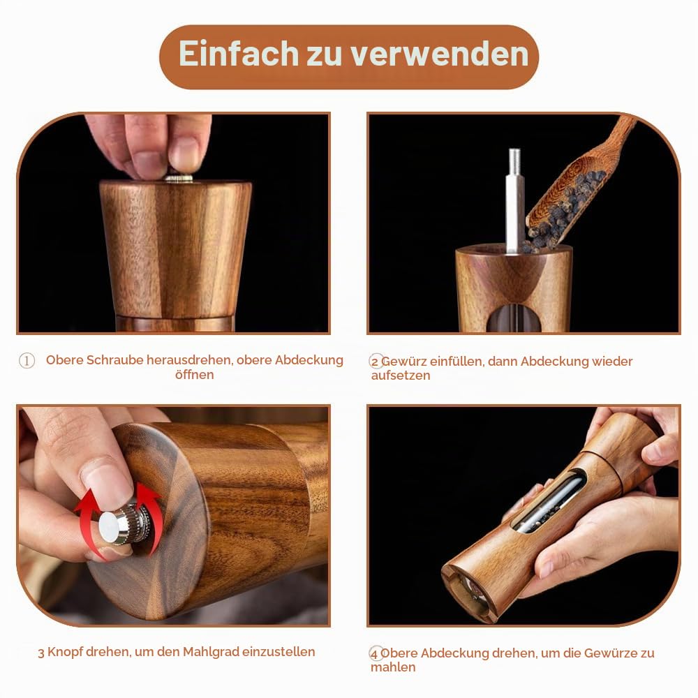 Pfeffermühle Holz Salz und Pfeffer mühle 2er Set mit Untersetzer Manuell Gewürzmühle verstellbarem Keramikmahlwerk Salzmühle für Pfeffer Salz Gewürze Höhe 20 cm