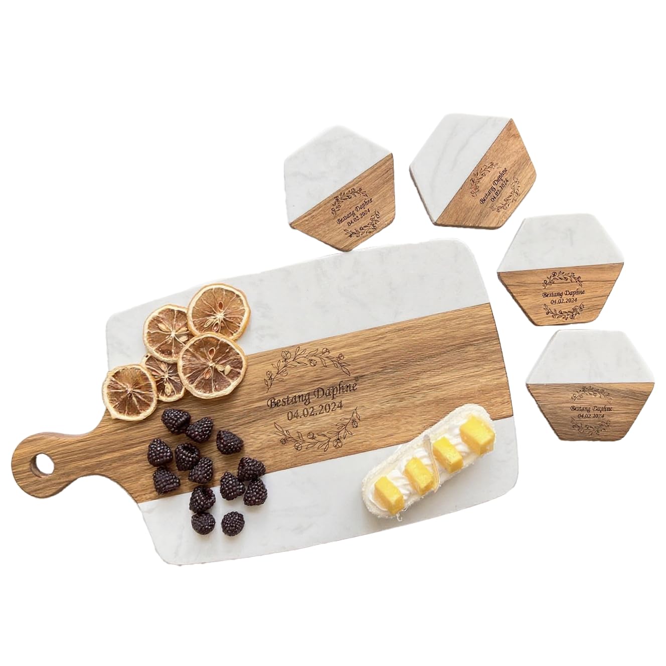Personalized Marble and Wood Cheese Board Board with 4 Coasters SET, Custom Engraved Charcuterie Boards, Cheese Boards,Best Present for Wedding, Engagement Gift, Anniversary Gift,Housewarming Gift