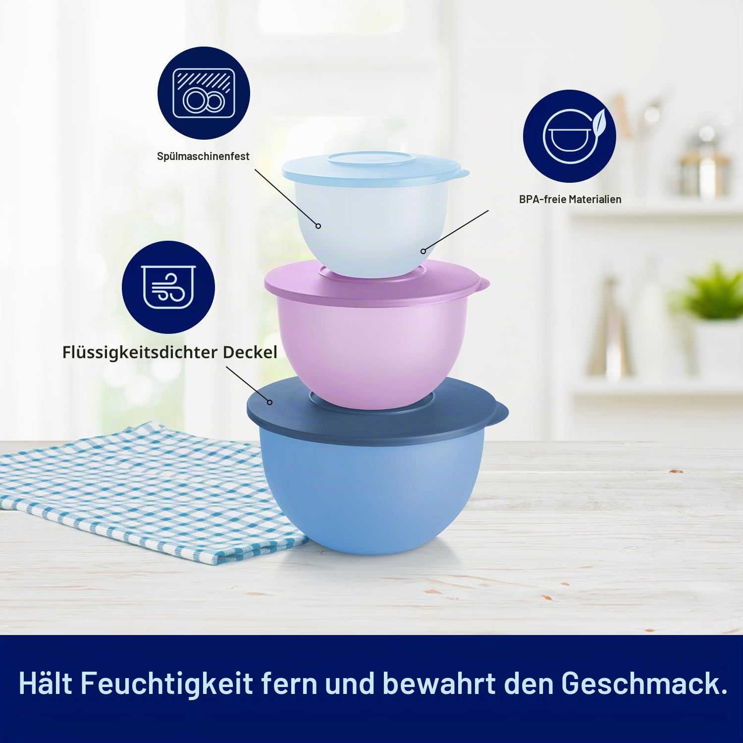 Tupperware Impressions Classic 3-teiliges Frischhalteschüssel-Set in Blau und Lila, spülmaschinenfest und BPA-frei (3 Behälter, 3 Deckel)