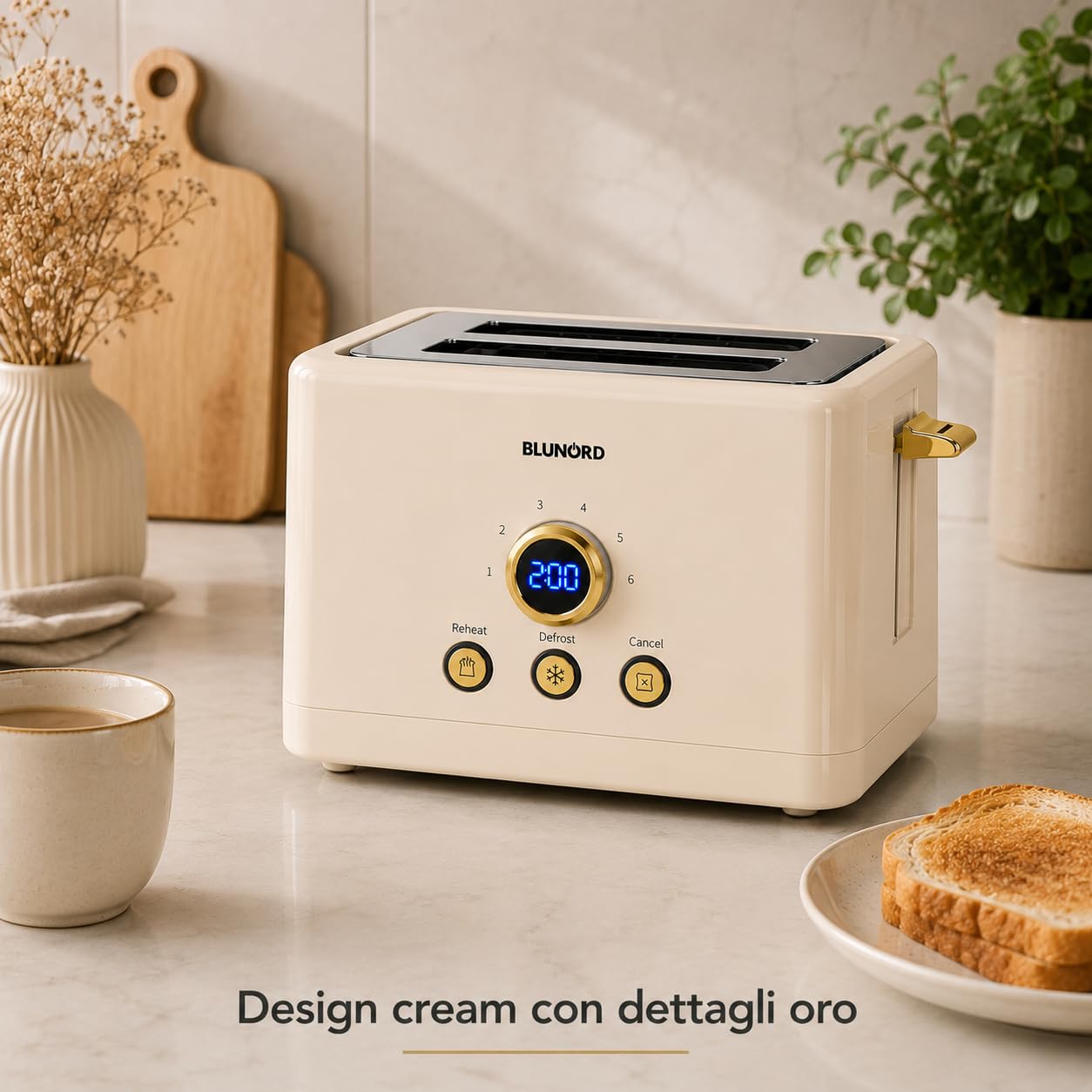 Tostapane 2 Fette Digitale Cream, 750-850W, Display LED, 6 Livelli di Doratura, Funzioni Scongelamento Riscaldamento e Cancel, Vassoio Raccoglibriciole Estraibile