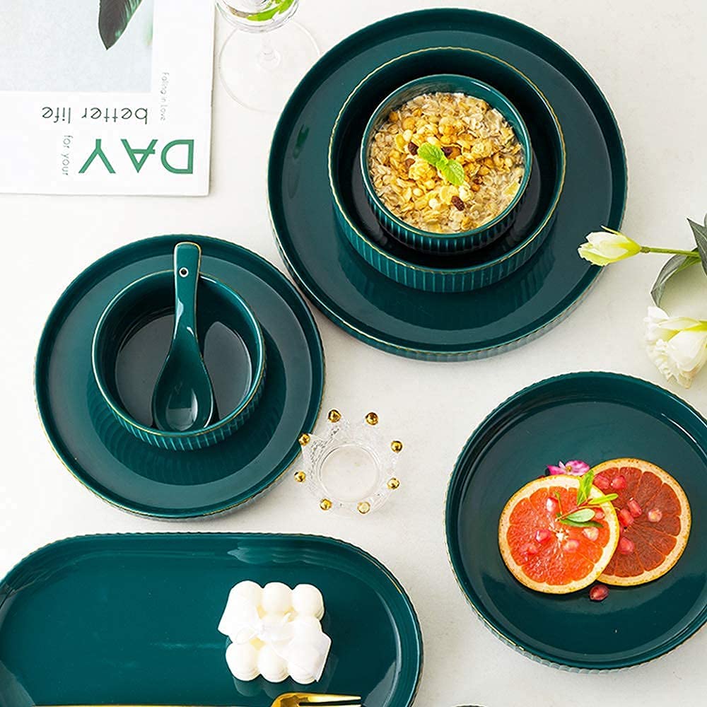 Juego de vajilla para el hogar o Restaurante Especial, Juegos de Cena de cerámica, tazón/Plato/Cuchara|Juego de vajilla con patrón de Borde de Oro Verde Juego de combinación de Porcelana de