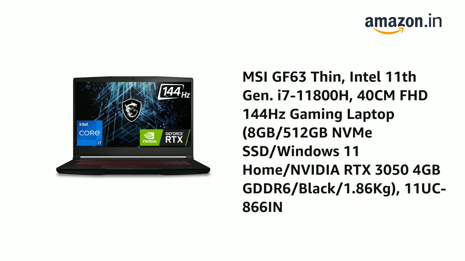 MSI GF63 Thin, Intel 11th Gen. i7-11800H, 40CM FHD 144Hz Gaming
