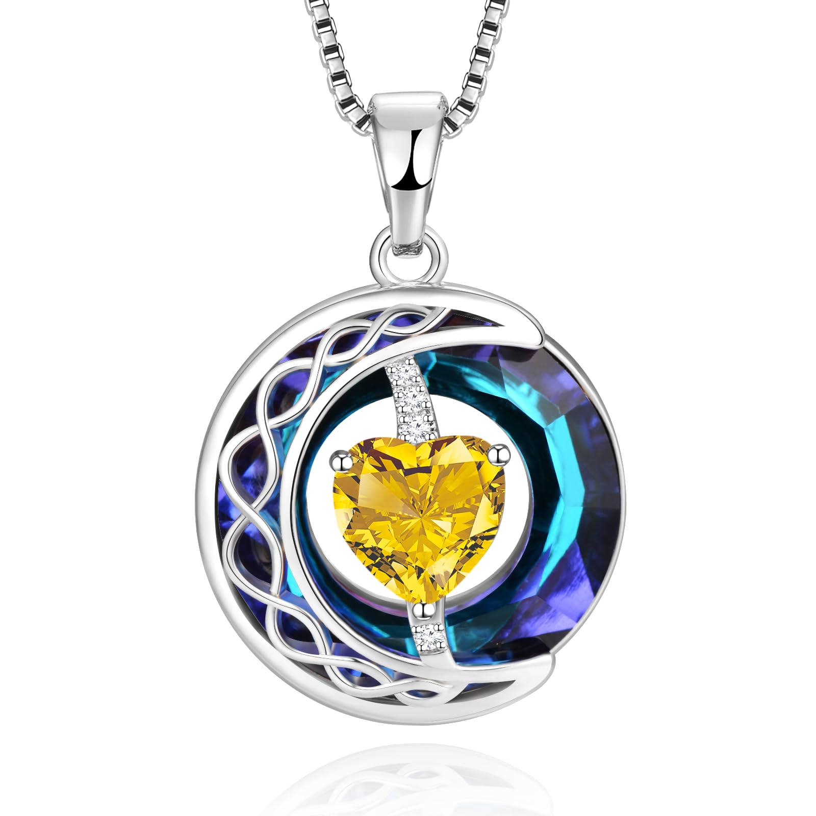 LIANYU Necklace for Womens Blue Sapphire Necklace Moon Pendant S925 Sterling Silver Crystal Jewelry for Women Pendant Birthday Gifts for Wife Gifts