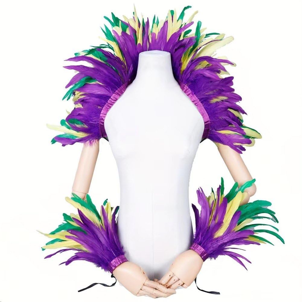 Lpitoy Colorful Feather Shawl with Wrist Cuffs Gothic Shawl Shrug Collar Feather Cloak for Cosplay Carnival Costume
