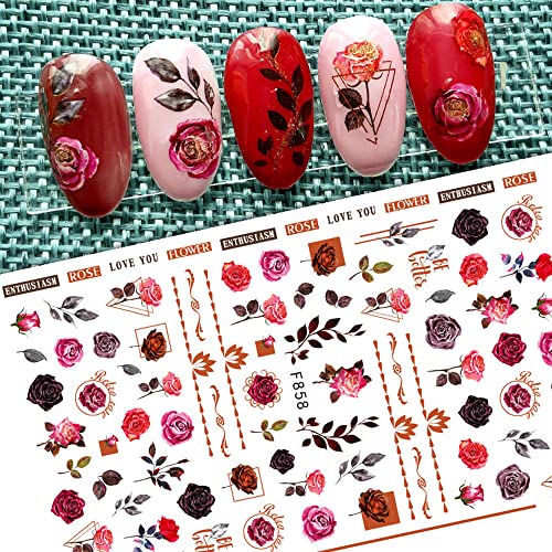 Flower Nail Art Stickers Decals 6Sheets Spring Rose 3D Self-Adhesive Nail Stickers Flowers Rose Butterfly Design Nail Decals For Nail Art Women Girls Acrylic Nails Decorations Diy Nail Art Supplies #TOP5