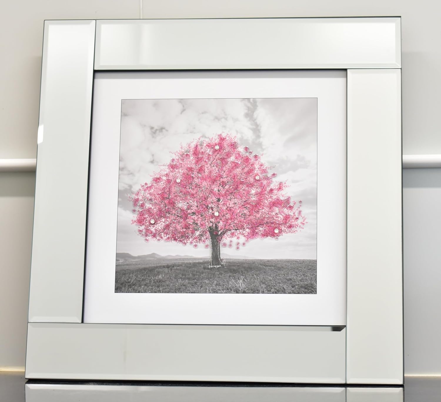 Biznest Blossom Tree Picture in Mirrored Frame Glitter 3D Wall Art Picture Glitter Liquid Art Home Decor 55x55Cm (Pink)