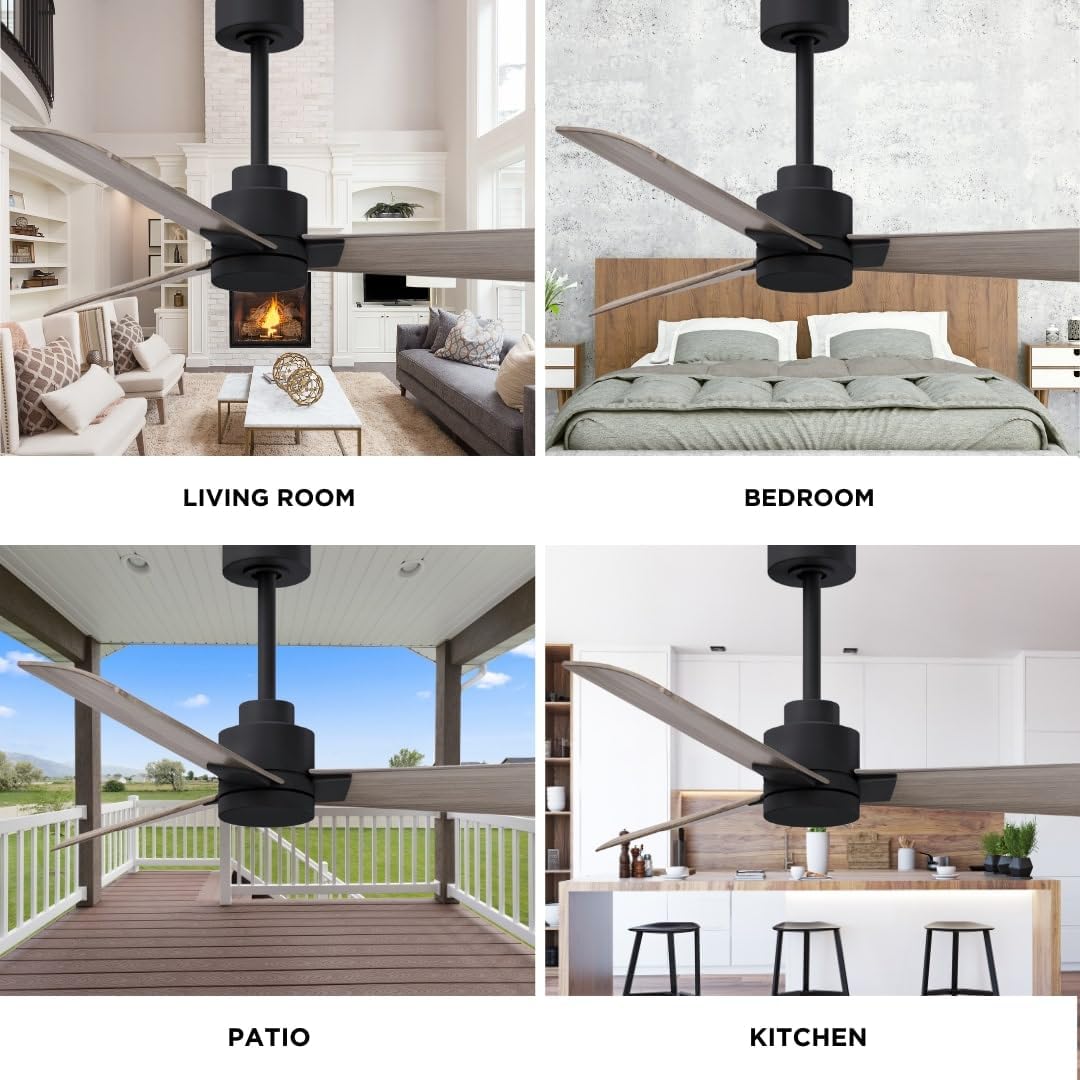 Matthews AK-BK-GA-42 Alessandra Wet Rated Downrod Mount 42" Ceiling Fan without Light, Remote Included, 3 Gray Ash ABS Blades, Matte Black