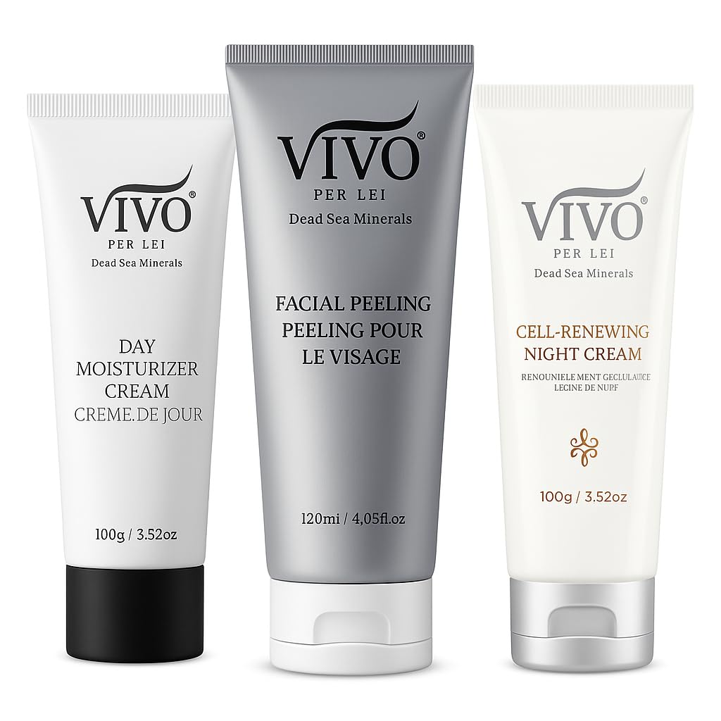 Vivo Per Lei Dead Sea Day Cream - Night Cream and Facial Peeling - Set of 3 - Anti Aging Skin Care For Men and Women- 11.09 FL OZ