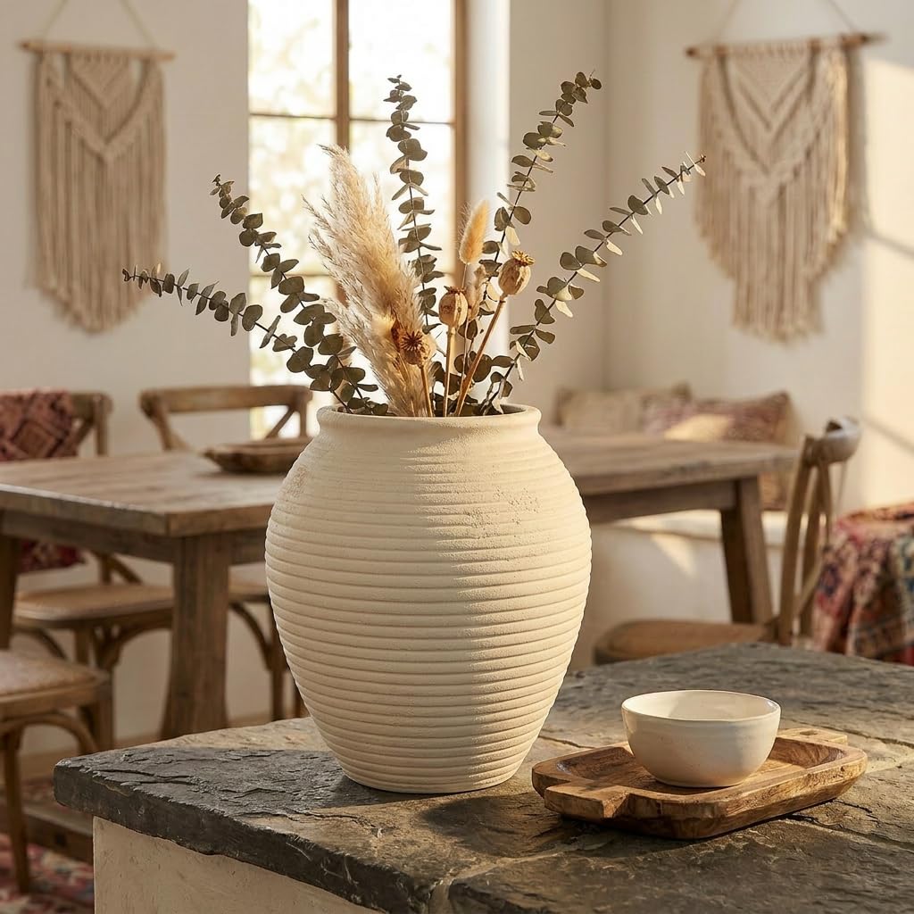 Vintage Keramik Ruastic Keramikvase mit Gerippte Terrakotta-Vase,28cm,Weiß | Terrakotta-Vase Tischvase aus Keramik für Deko Wohnzimmer Home Office, Vase für Pampasgras, Rustikales Antikes Dekor